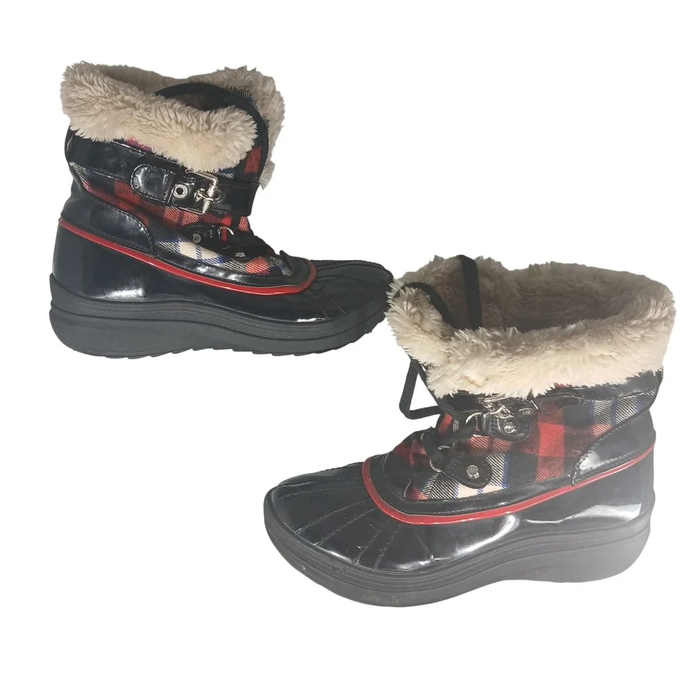 Anne‎ Klein Sport AKGALLUP Womens Black Plaid Faux Fur Duck Boots Size 8.5M